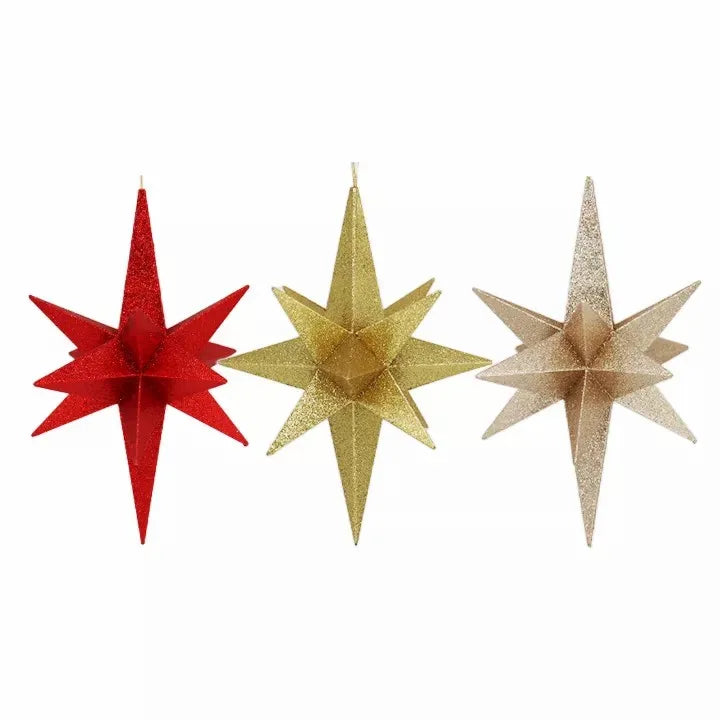 New Arrival Hand Painted Glitter Polygonal Star Shape Hanging Christmas Tree Ornaments 2022 Christmas Theme Gift