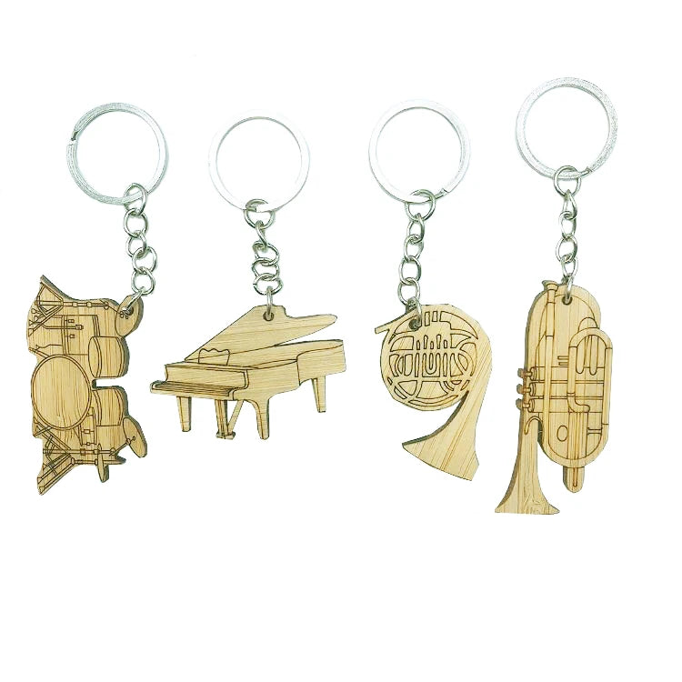 Creative Eco-Friendly Bamboo Keychain with Laser Engraving-DIY Customizable Musical Instruments Design Key Hanger Hook Gifts
