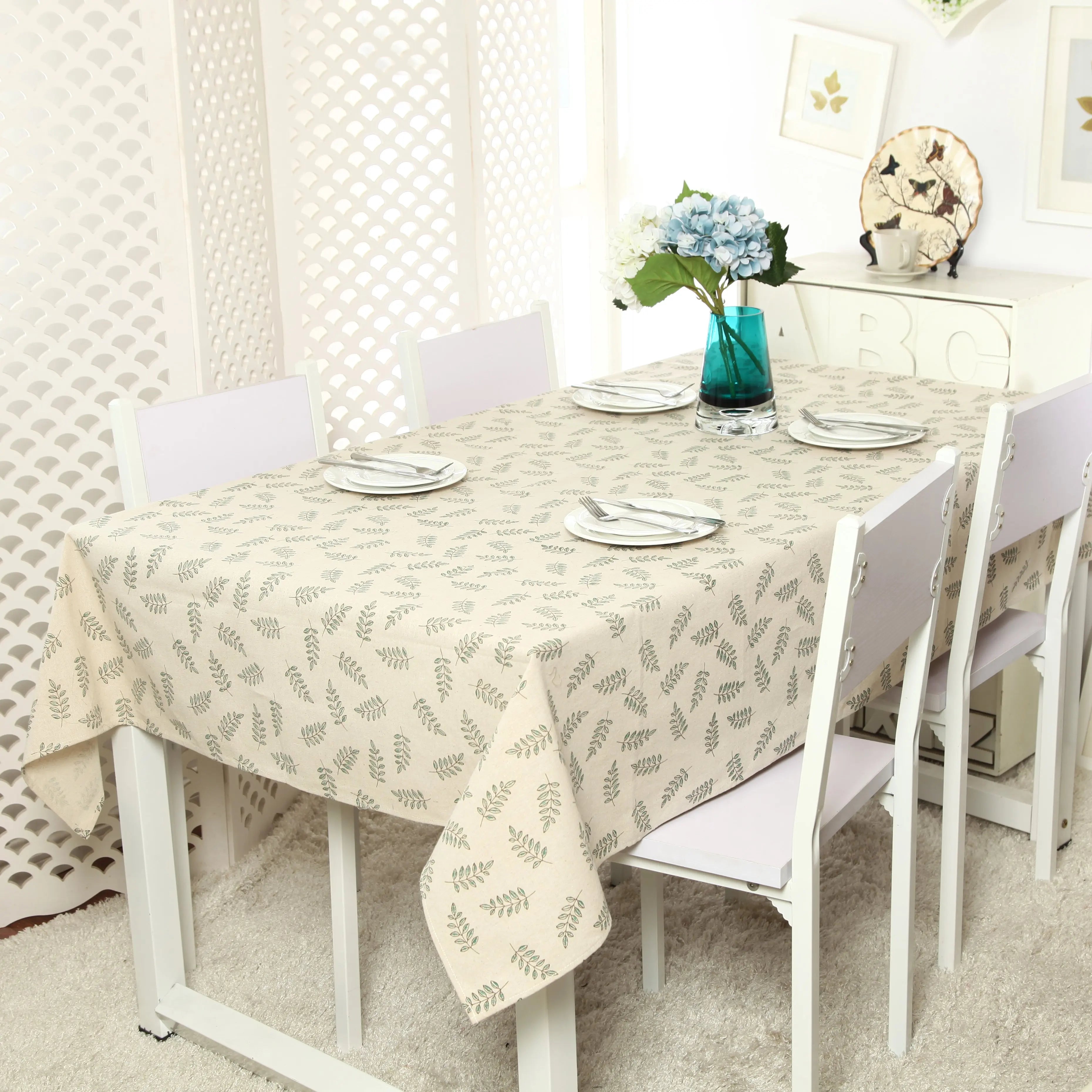 Soft Polyester Linen Printed Table Cloth Elegant Cotton Lace Edge Plant Leaves Pattern Countryside Style for Home Hotel Use