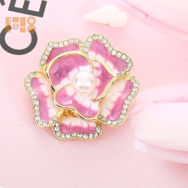 Korean Pink Flower Brooch Crystal Rhinestone Enamel Safety Pin for Wedding or Engagement for Children