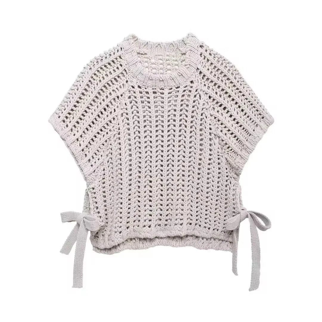 Customizable Women's Summer Crochet Short Sleeve Knit Top Factory Designed Casual Sweater with Front Logo Hollow Lace up Style