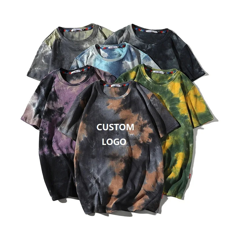 Evertop Custom Men's Vintage Streetwear Knitted Tye-Dye T-Shirt 100% Cotton Silk Screen Printed Eco-Friendly OEM/ODM