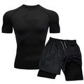 Men's Compression Gym Set Short Sleeve T-Shirt and 2-in-1 Compression Shorts Round Neck Seamed Men's Yoga Tops for Flexibility