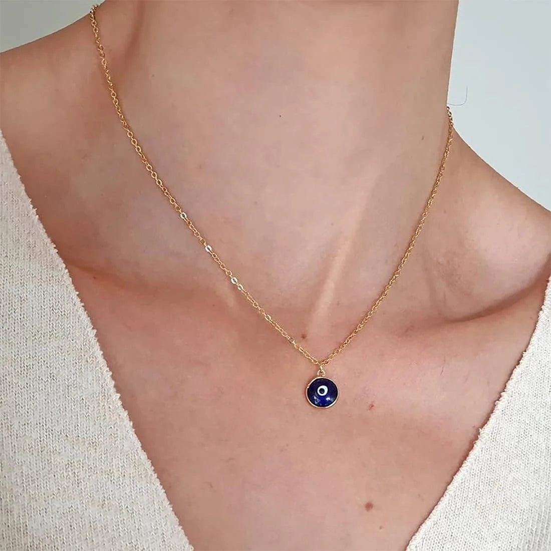SC Gold Plated Stainless Steel Charm Necklace Adjustable Chain Devil Necklace Blue Eye Pendant Necklace for Women Men Jewelry