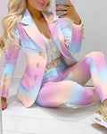 Autumn Women Two Pieces Set Chain Print Blazer Coat & Pants Suit Sets Femme Formal Jacket & Trousers Office Lady Outfits