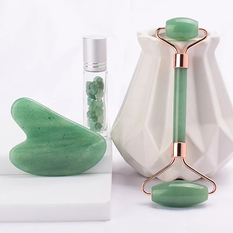 DIY Green Jade Roller Gua Sha Kit 100%natural Green Aventurine Facial Roller Guasha Stone Set