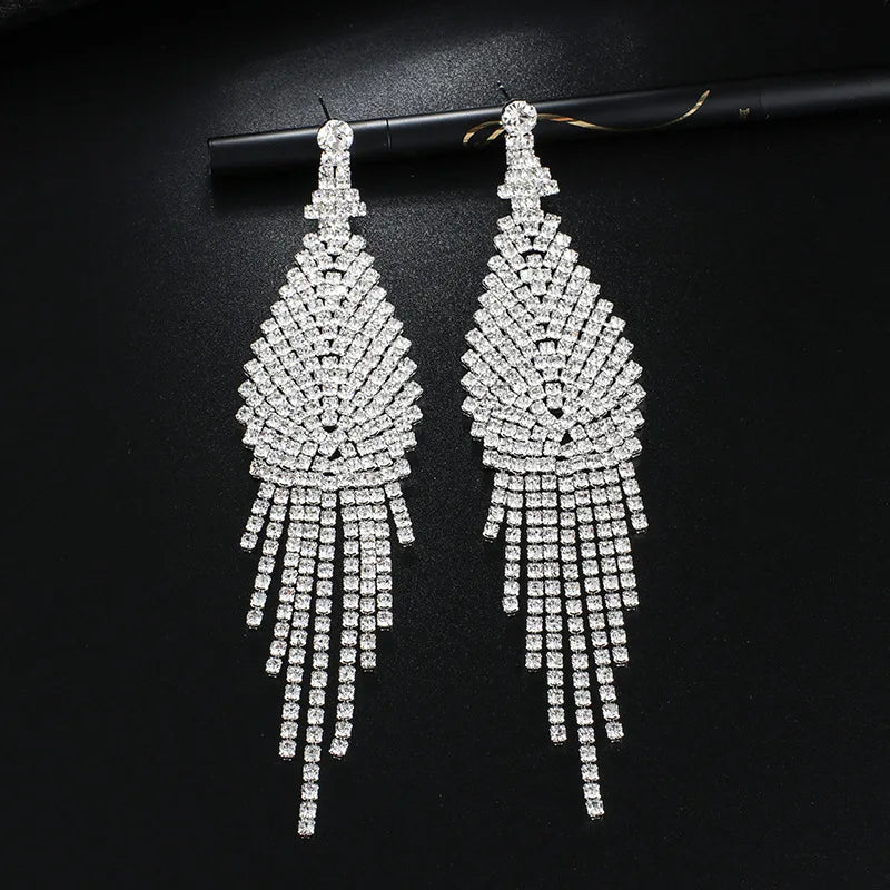 Lady Trendy Accessories Bling Bling Crystal Rhinestone Graduated Tassel Earrings for Social Parties Weddings Engagements Gifts