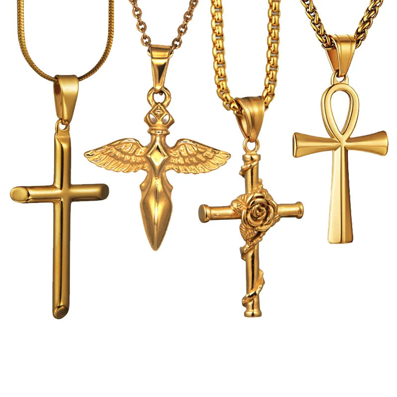 Fashion Rose Cross Necklace Stainless Steel Winged Cross Pendant PVD 18k Gold Men Crucifix Jewelry Ankh Cross Necklace