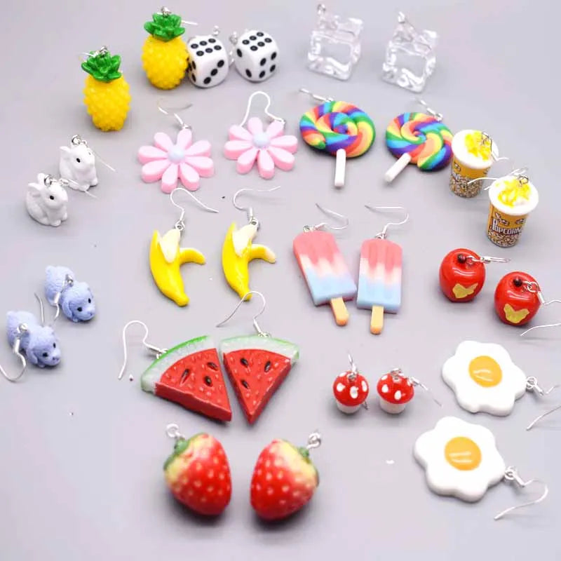 100 pirs Earring For Women Resin Handmade Cartoons Rainbow Lollipop Ice Strawberry Popcorn Pineapple Banana Drop Earrings Gift