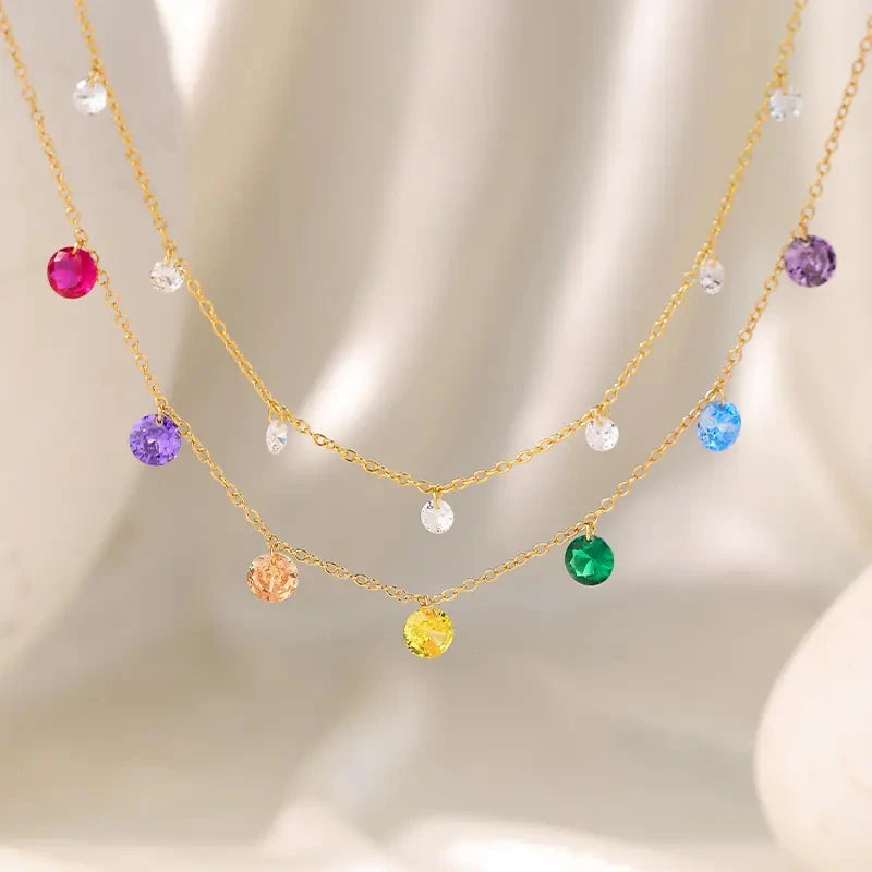 Daidan Choker Necklace Women Round Zircon White Stone Rainbow Sterling Silver Gold Plated Colorful Necklace