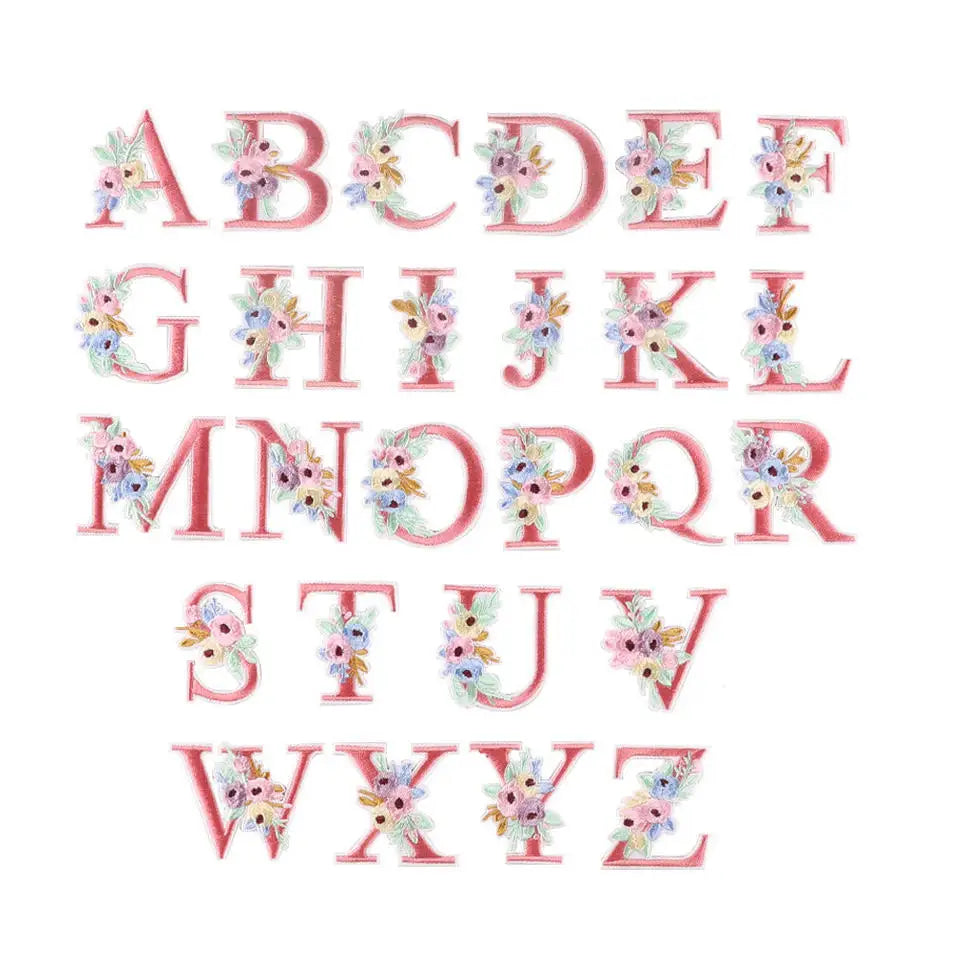 New Design 4.8cm Height Iron on Clothes Decorative Embroidered pink Flower Alphabet Patch