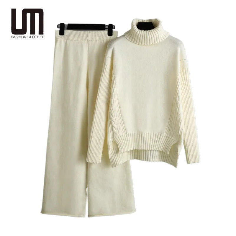 Cheap Autumn Winter Fashion Women s Sweater Outfits Knitted Pullover Loose Wide Leg Pants Two Piece Sets