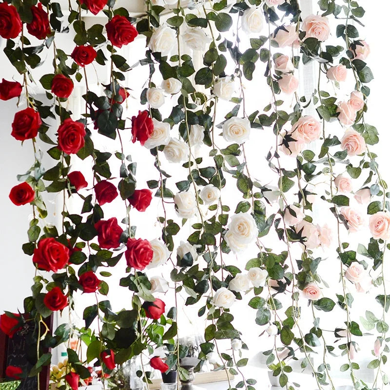 O-X0011 Hot Sale 10 Head Rose Garland Real Touch Rose Vine With Green Leaves Flower Garland for Home Wedding Decoration