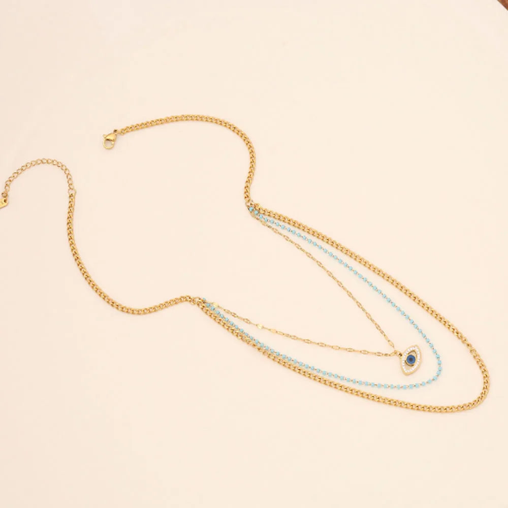Ladies Fashion Trendy Layered Necklace Women Green Blue Turquoise Beads Layered Necklaces Evil Eyes Chains Pendant Jewelry