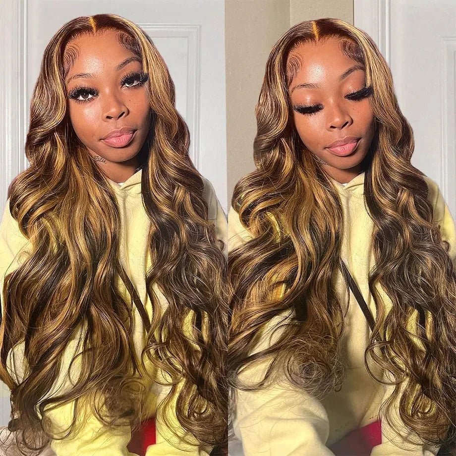 30 Inch Honey Blonde Ombre Lace Front Wig for Black Women 4/27 Highlight Colored Body Wave 100% Human Hair Wigs 200 Density