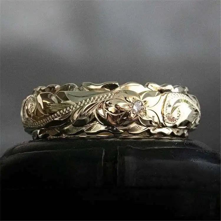 Simple Designs Jewelry Men Rings Plated Gold Rings Jewelry Women Carved Flower Wedding Ring