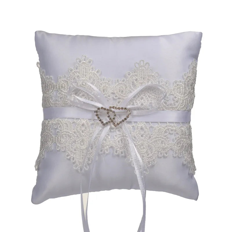 Elegant Square Bridal Ring Pillow with Double Hearts Bow Western Wedding Ring Ceremony Decorations Bride Groom Photo Props