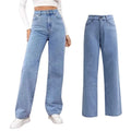 Vintage High Waist Women's Straight Denim Pants Wide Leg Trousers Slight Stretchy Pockets Breathable Long Jeans Washed Technique