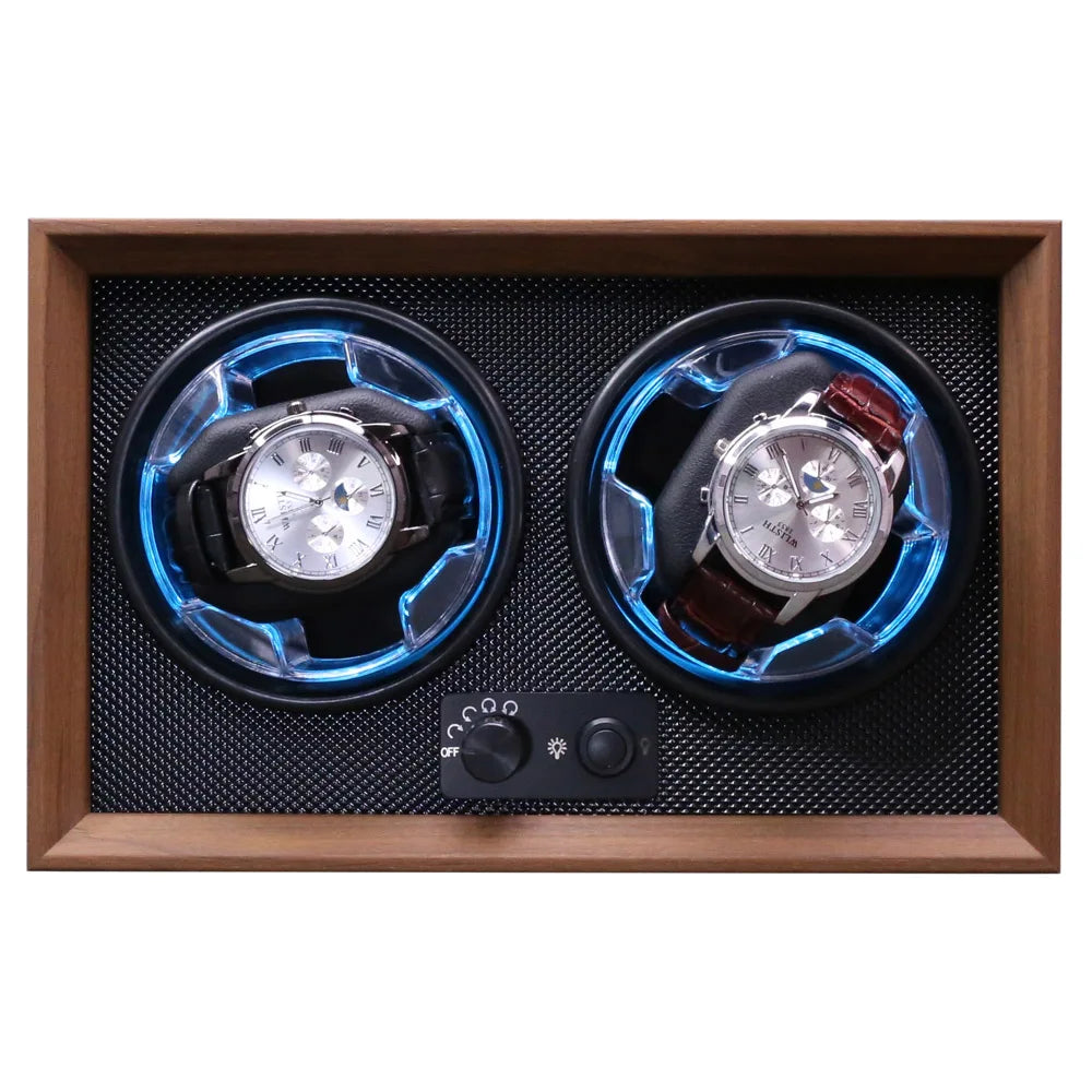 Wholesale High-End Luxury Walnut Wood Grain Blue LED Light Gray Black Background 2 Slots Watch Winder Box