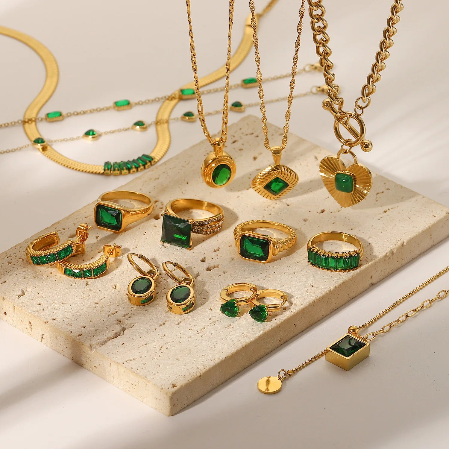 Fashion Retro Style Waterproof Green Zircon Bridal Jewelry Set for Women Stainless Steel Necklace Earrings Bracelet Ring Party