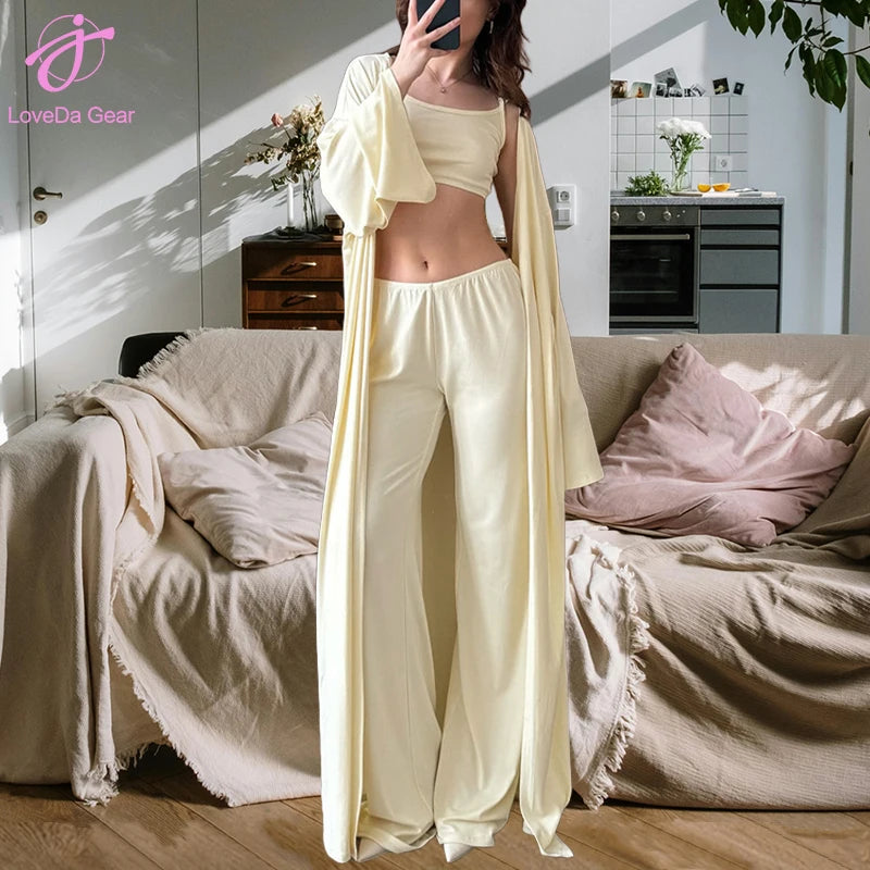Loveda Wholesale Women New Casual Solid Color Underwear Long-sleeved Top and Long Pants Thin Pajamas Set