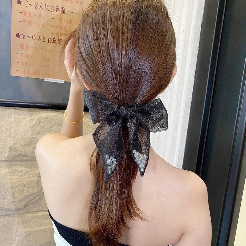 New Arrival Vintage Black Organza Faux Pearl Elastic Long Tail Scrunchie Hair Bows Women's Hair Tie with Bows Hairbands