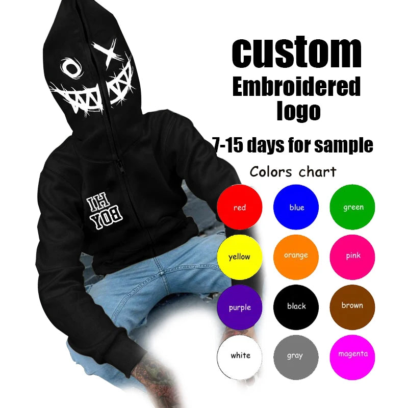 Wholesale Fashion Casual Oversized Sweatshirt Custom Men and Women 100% Cotton Puff Grimace Full Face Zipper Hoddies Men