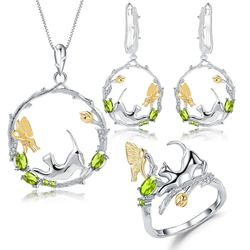 2024 Abiding 925 Sterling Silver Ring Earrings Pendant Sets Natural Gemstone Handmade Cat Butterfly Women Party Jewelry Set