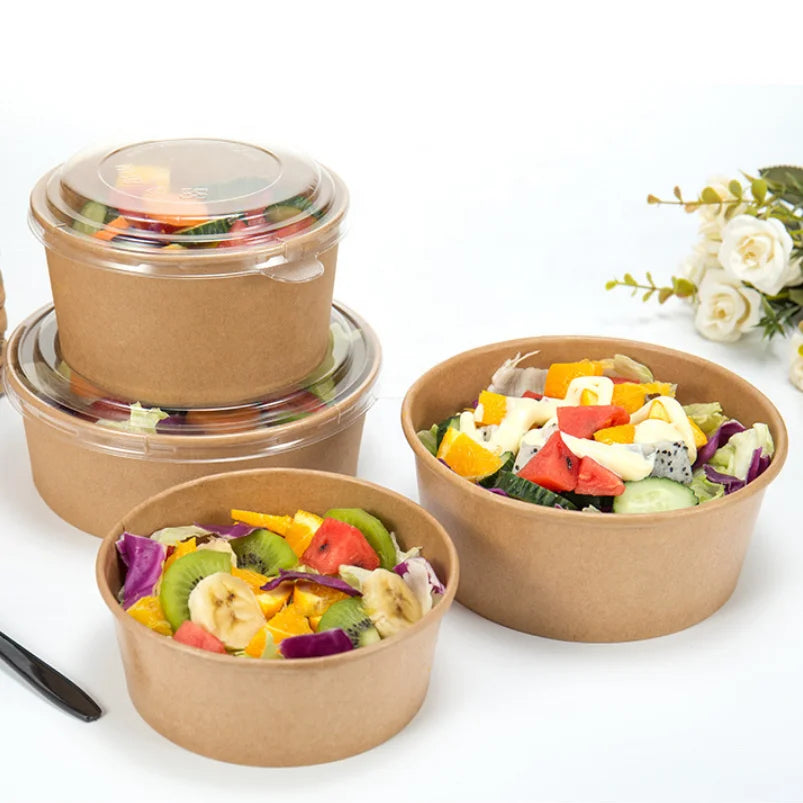 Disposable Biodegradable Takeaway Shallow Kraft Soup Salad Paper Bowl With Lid