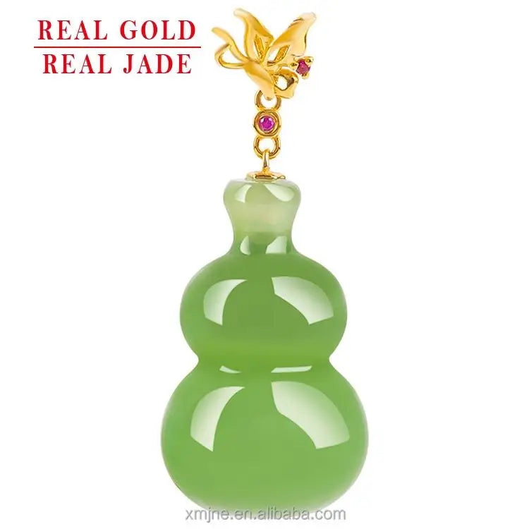 Certified Grade a Spinach Green Hotan Jade Green Jade 3D Gourd 18K Gold Buckle Ruby Inlaid Natural Jade Pendant