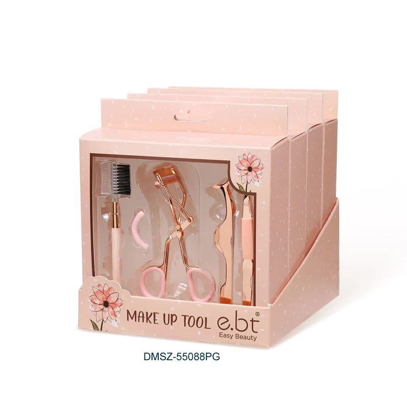 4-Piece Stainless Steel Rose Gold Eyelash Curler & Applicator Eyebrow Tweezers Set by Ebt