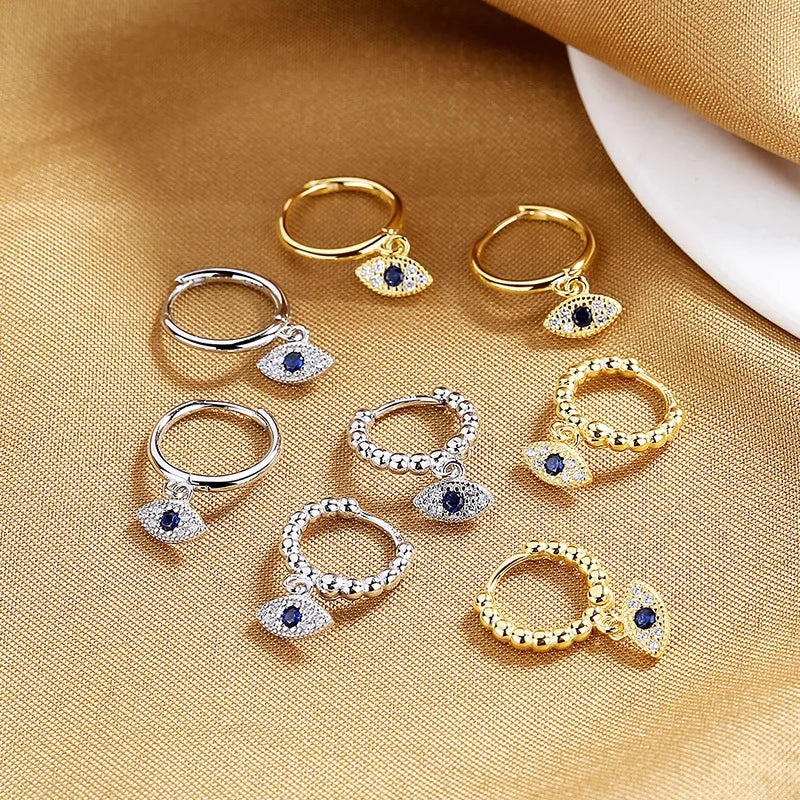 Gold Plated 925 Sterling Silver Evil Eyes Pendant Charm Hoop Dangle Earring for Daily Working Shows Wearing