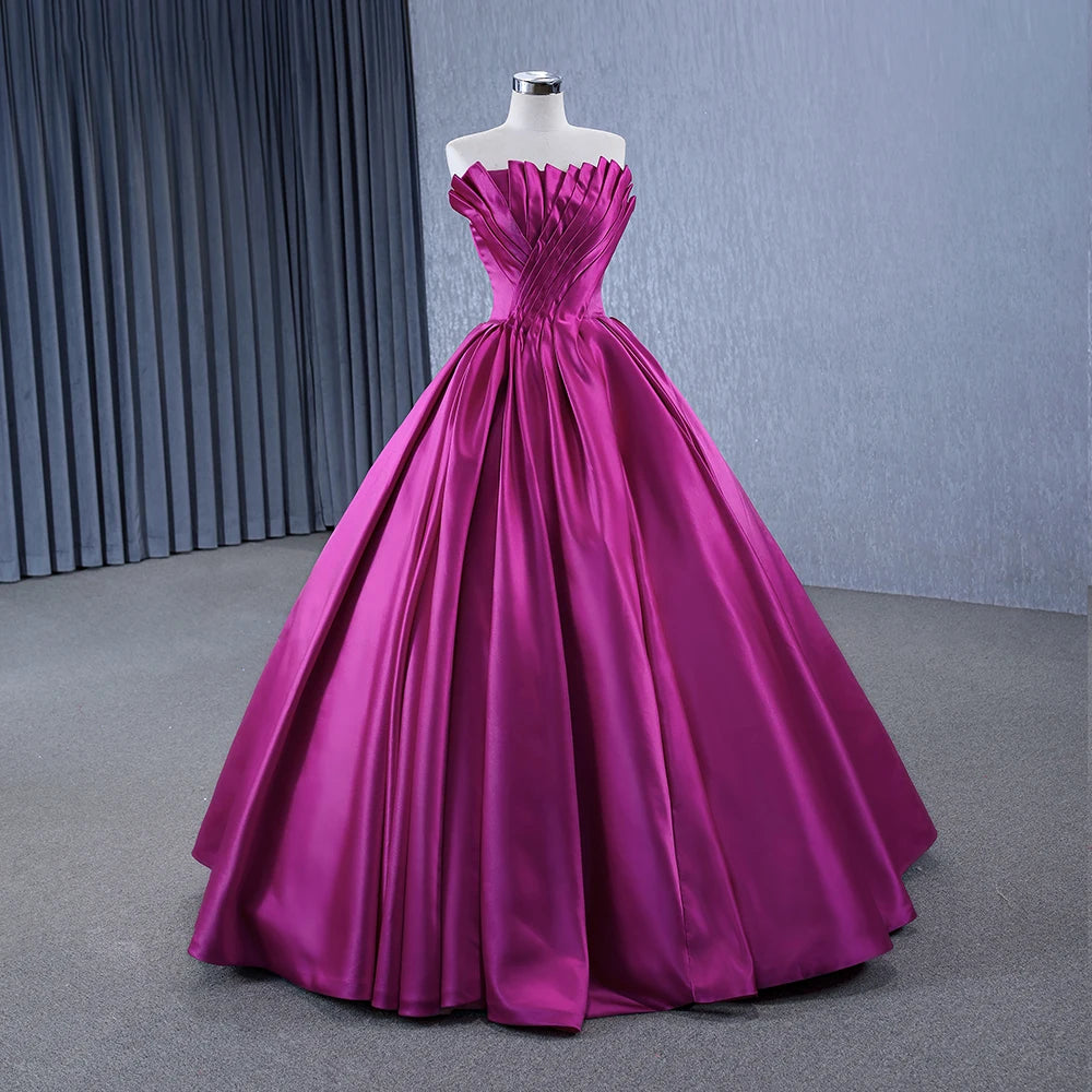 Real Pictures Fuchsia Elegant Off-the-shoulder Pleated Satin Princess Ball Gown Sweetheart Wedding Dresses RSM231141
