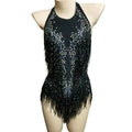 Sexy Black Halter Backless Rhinestones Tassel Bodysuits Pole Dance Leotard Women Club Stage Costume Performance Wear Plus Size