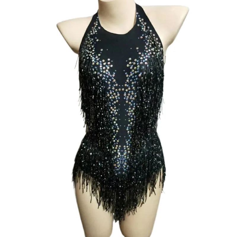 Sexy Black Halter Backless Rhinestones Tassel Bodysuits Pole Dance Leotard Women Club Stage Costume Performance Wear Plus Size