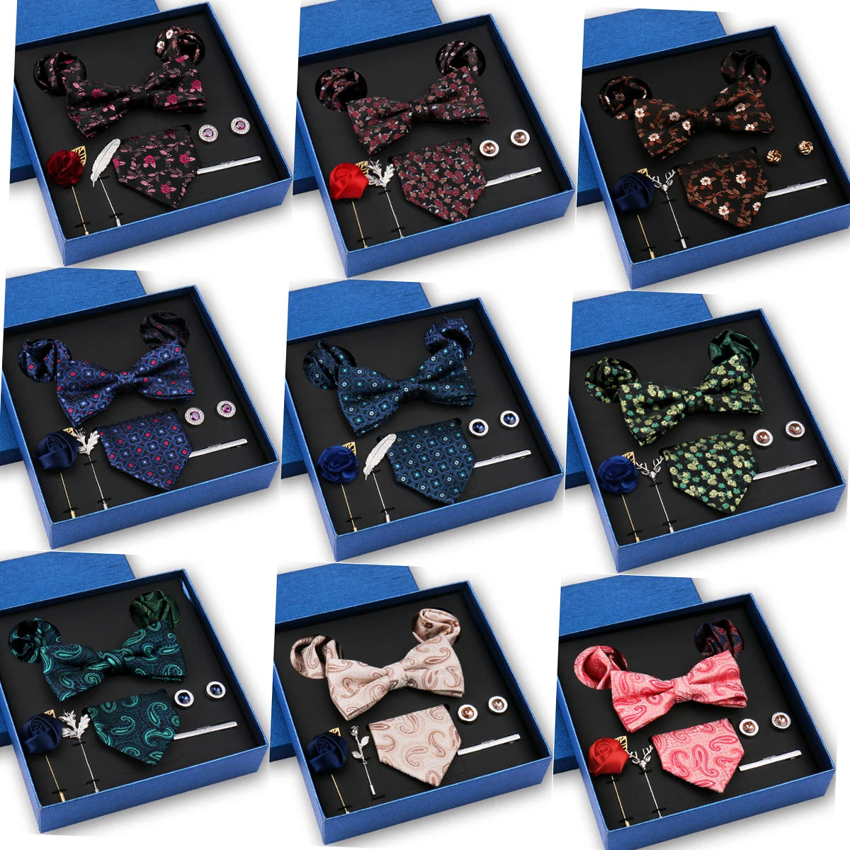 Polyester Floral Men's Tie Set Gift Box Brand Man Bowtie Set and Handkerchief Brooch Cufflinks Necktie Suit for Party Wedding