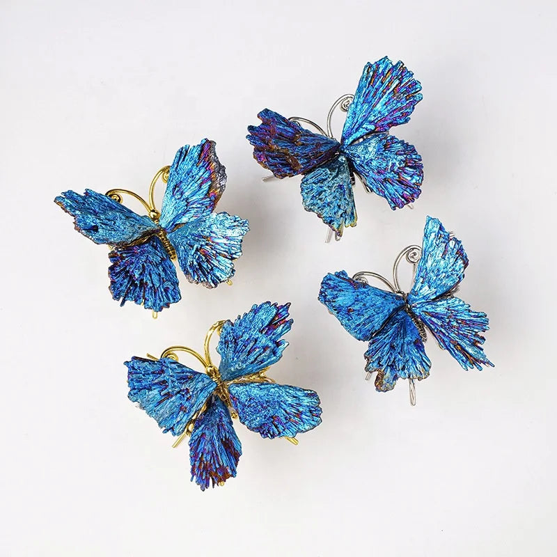 Natural Electroplated Black Tourmaline Crystal Butterfly DIY Handmade Electroplated Blue Feather Crystal Craft Ornament