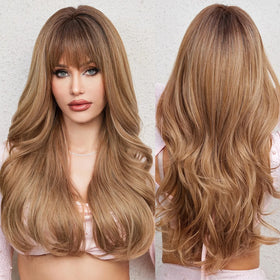 Long Wavy Brown Ombre Synthetic Wig Natural Wave Wig with Bangs for Black Women Heat Resistant Daily Use Cosplay Wig