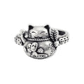 Maneki Neko Chinese Charming Retro Style Antique Silver Plated Lucky Cat Wealth Rings