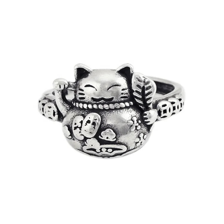 Maneki Neko Chinese Charming Retro Style Antique Silver Plated Lucky Cat Wealth Rings
