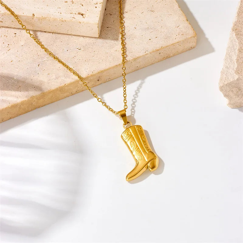 Wholesale Women's Stainless Steel Clavicle Necklace with Gold Plated Western Cowboy Boots Pendant Islamic Religious Jewelry