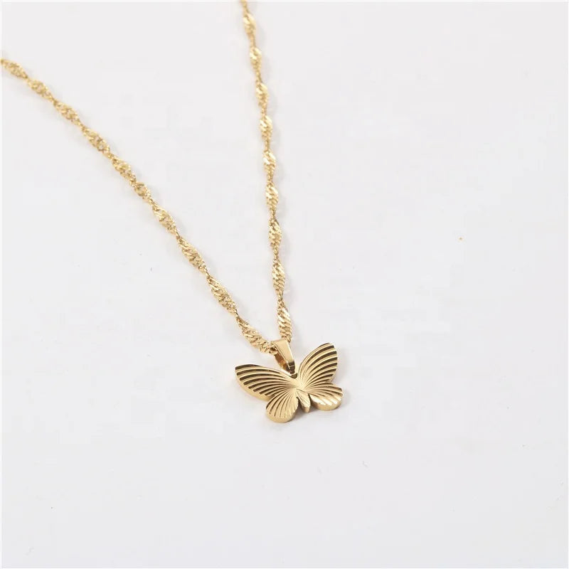 18K Gold Plated Stainless Steel Twisted Singapore Chain Butterfly Pendant Necklace for Women