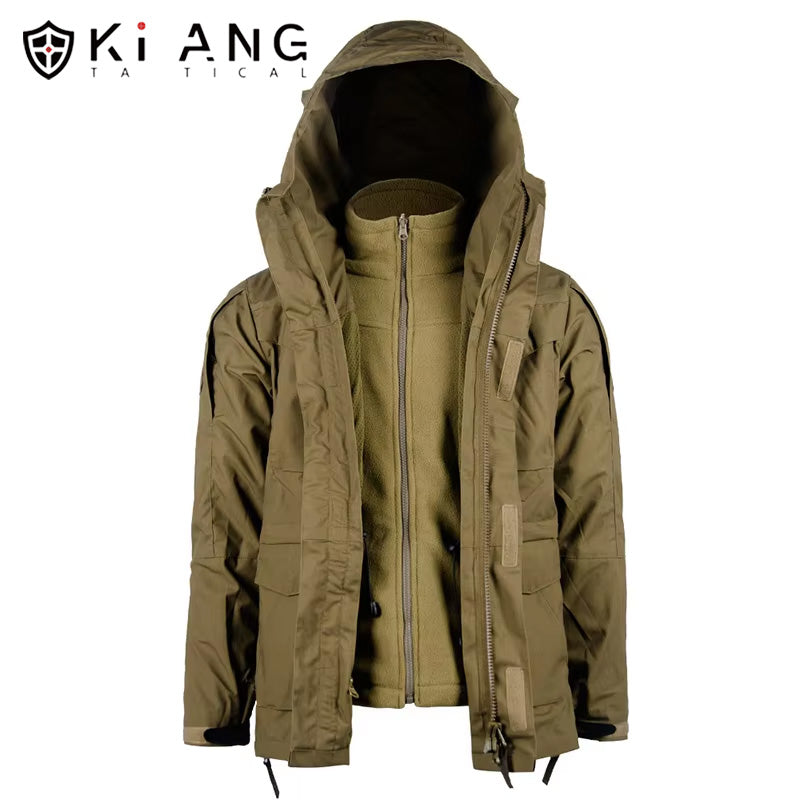 KIANG Winter 3 in 1Jackets Waterproof Khaki Color Mens Jacket Outdoor Hunting Tactical Jacket Unisex Mountaineering Coat