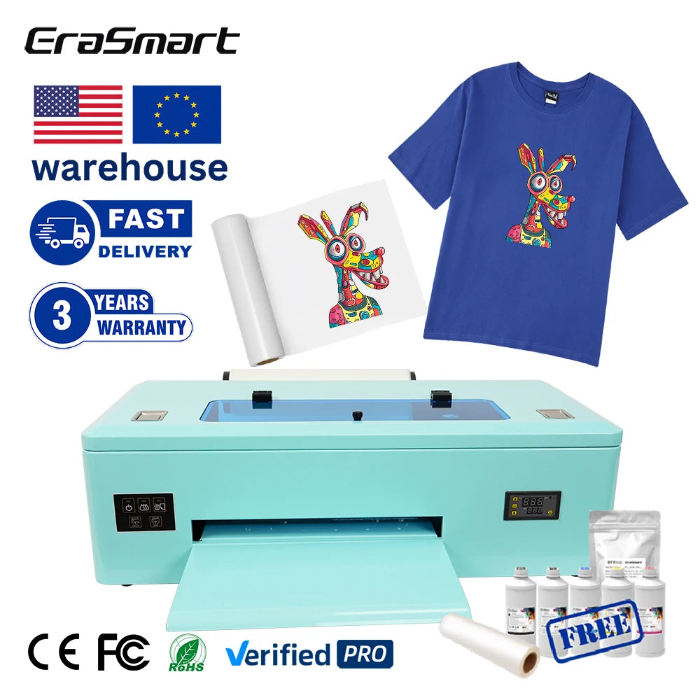 Erasmart A3 Custom Colorful Printer 1390 Inkjet Printhead Textile Logo Clothes T Shirt Printing Machine Impresora DTF Printer