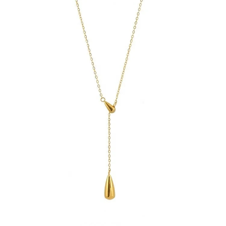 2026 Simple Design Long 18k Gold Plating Water Drop Tassel Necklace Stainless Steel Oval Round Pendant Necklace