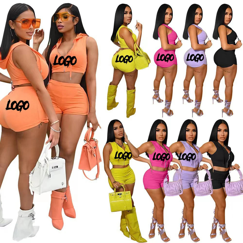 2023 Summer Hood Outfit Set Solid Color Sports Jogger Short Two Piece Custom Tracksuit Suit Custom Logo 2 Piece Set Women