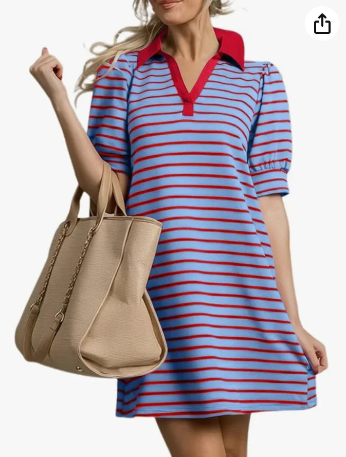 Hot Selling Women Striped Polo Dress Summer Casual V Neck Puff Sleeve Mini Dresses Elegant Loose Fit Ladies Sundress