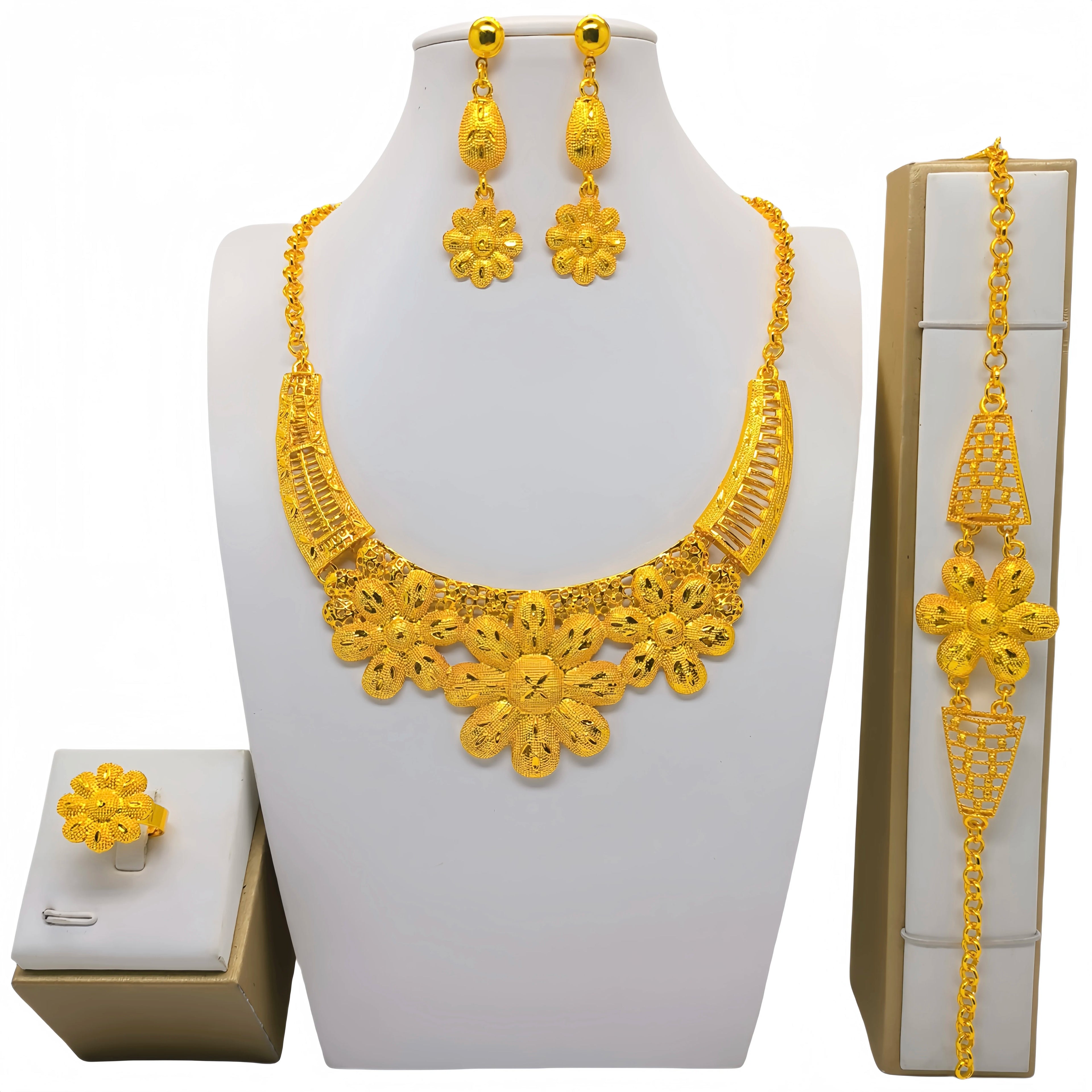 Middle Eastern Fashion Jewelry Hot Sale Dubai Saudi Bride Wedding Necklace Earrings Ring Bracelet  Four Piece Set