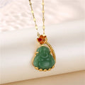 Religious Green Jade Buddha Pendant Necklace Adjustable 18k Gold Plated Stainless Steel Lip Chain Laughing Buddha Jade Necklace