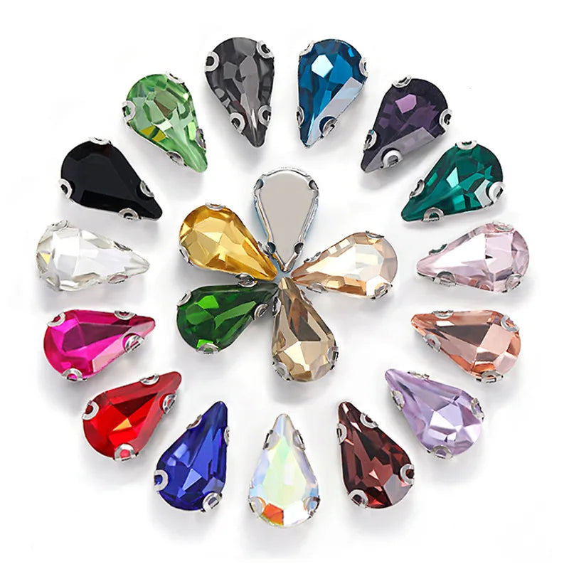8*13mm Silver Claw Glass Crystal Flat Water Drop Pear Shape Fancy Colors Sew on Crystal Beads for DIY